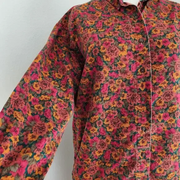 Vintage 90s Land's End Red Green Orange Autumn Fall Floral Button Down Shirt L - Picture 5 of 9